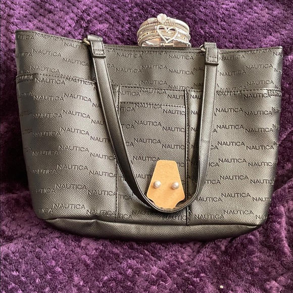 Nautica Black Large Shoulder Bag , Silver Bracelet,Grayish Earrings NWOT & EUC - Picture 1 of 12